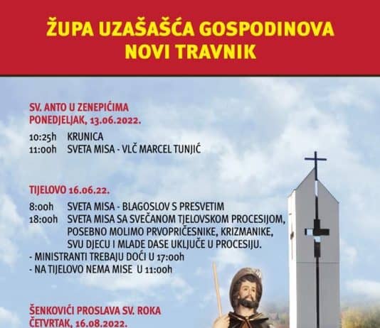Župa Uzašašča Gospodinova iz Novog Travnika organizira proslave sv.Ante, Tijelova i sv.Roka