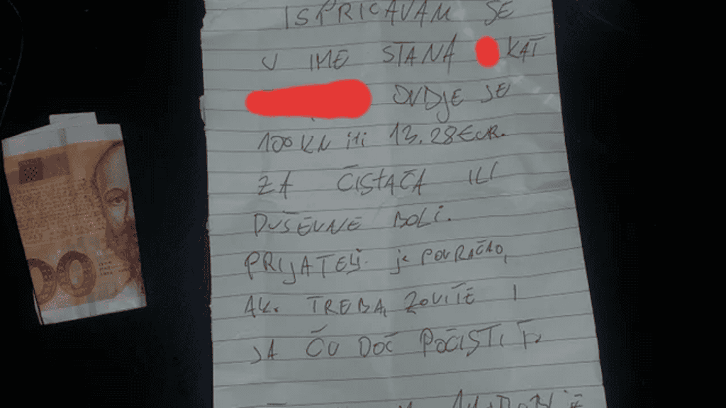 Hrvat ostavio susjedu poruku i 100 kuna te postao hit na internetu:  Ovo je za duševne boli ili čistača