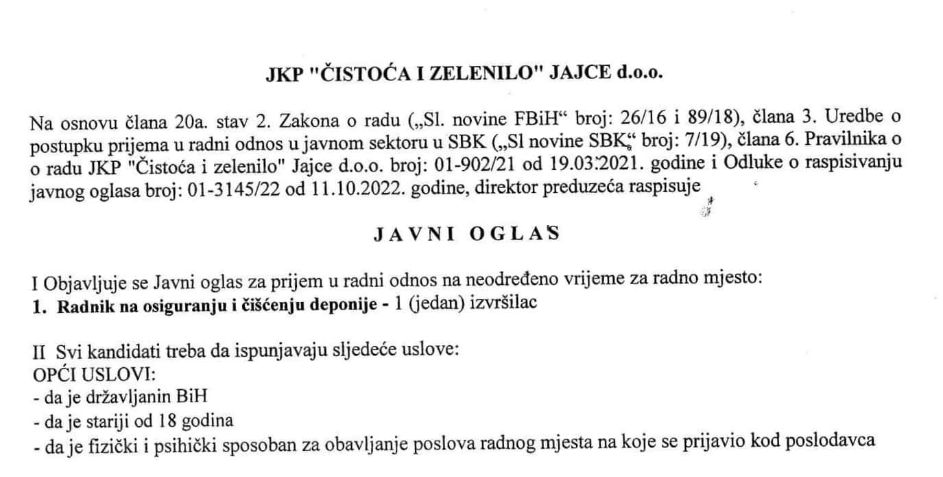 JKP “Čistoća i zelenilo” traži radnika