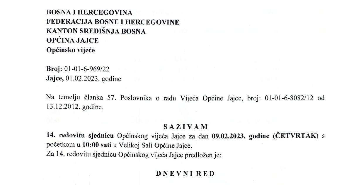 Najavljena sjednica Općinskog vijeća Jajce