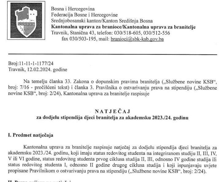 Natječaj za stipendije djeci branitelja