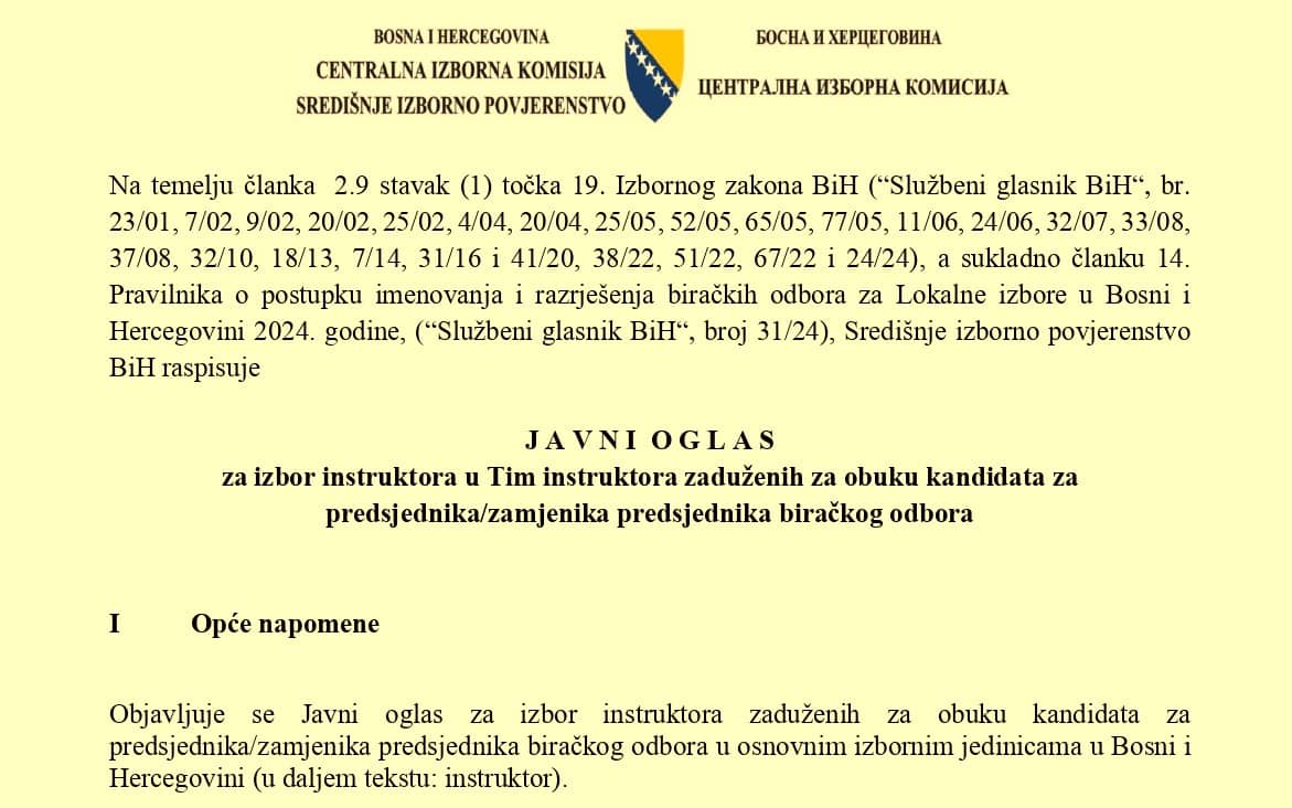 Javni oglas za obuku kandidata za predsjednike i zamjenike biračkih odbora