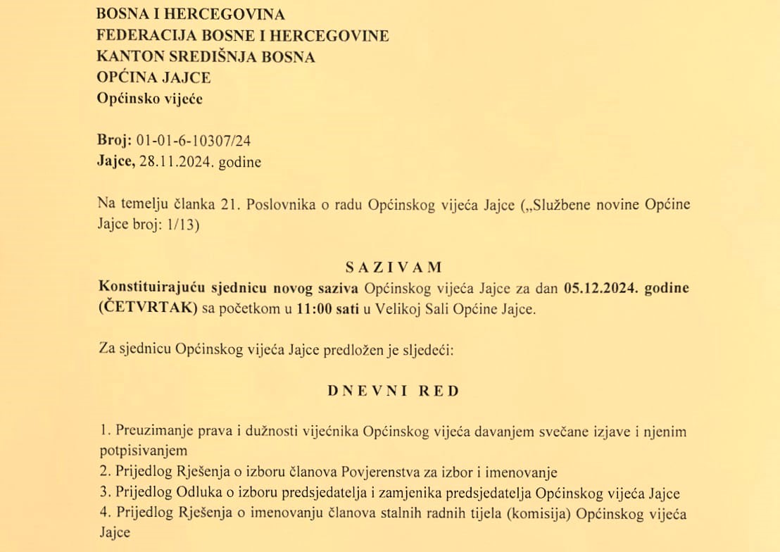 Sazvana konstituirajuća sjednica novog saziva Općinskog vijeća Jajce