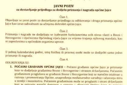 Općina Jajce raspisala poziv za dostavu prijedloga za ovogodišnje nagrade i priznanja zaslužnim pojedincima i organizacijama