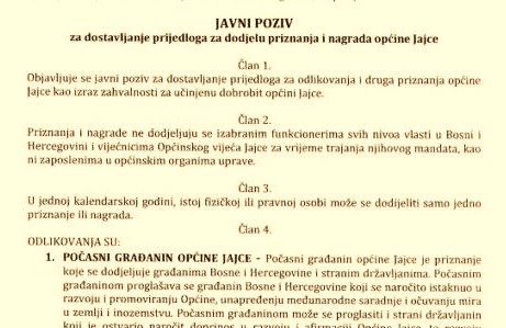 Općina Jajce raspisala poziv za dostavu prijedloga za ovogodišnje nagrade i priznanja zaslužnim pojedincima i organizacijama