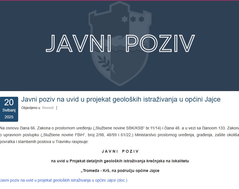 Javni poziv za uvid u geološka istraživanja na području Ranča